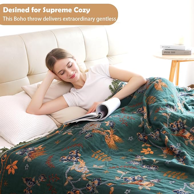 VANJOROY Boho 100% Cotton Large Throw Blanket - All Season Rustic Ultra Soft Breathable Floral Bird Blanket for Bed Sofa Couch Chair Bedspread Quilt Gift, 80" x 90"-Teal/Beige