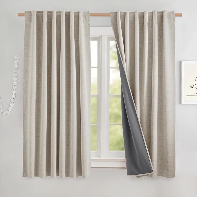 NICETOWN Natural Linen Blackout Curtain Panels 52 x 68 Inch, Set of 2 Thick Insulated Bedroom Draperies with Rod Pocket & Back Tab, Thermal Liner for Total Light Blocking Windows, Classic Style