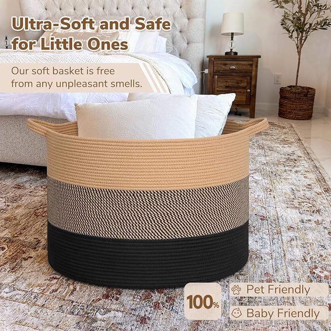INDRESSME 115L Extra Large Woven Rope Blanket Basket Living Room | 23.6" x 15.7" Storage baskets for toys laundry & pillows. Fits living room, bedroom or nursery décor. Soft-touch with handles