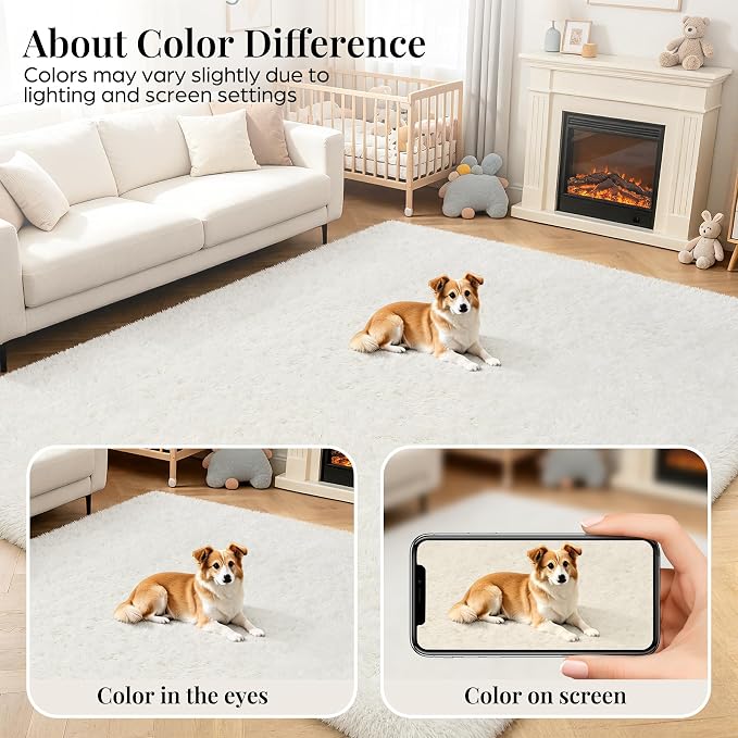 Area Rug for Living Room Bedroom: 4x6 White Soft Fluffy Shag Upgrade Non-Slip High Pile Carpet Large Fuzzy Plush Indoor Floor Decor Shaggy Rug for Kid Boys Girls Dorms Playroom Nursery Modern Home