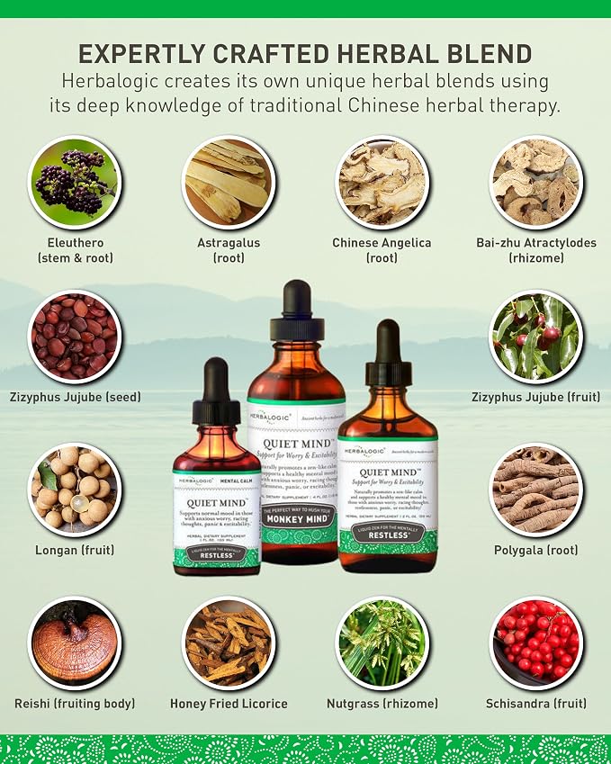 Herbalogic - Quiet Mind Liquid Herb Drops - Non-Sedating, Promotes a Feeling of Zen-like Calm - Eases Anxious Worry and Panicky Mood - Based on the Traditional Chinese Formula Gui Pi Tang - 4 Fl. Oz.