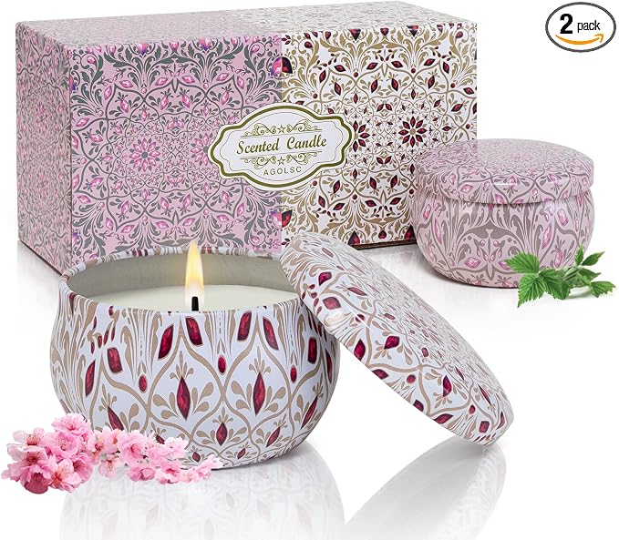 Aromatherapy Candles for Home Scented 2 Pack 2.5 oz Natural Floral Cherry and Vanilla Candles Set, Stress Relief Candles Gifts for Women, Portable Mini Candles Gift for Christmas, Birthday