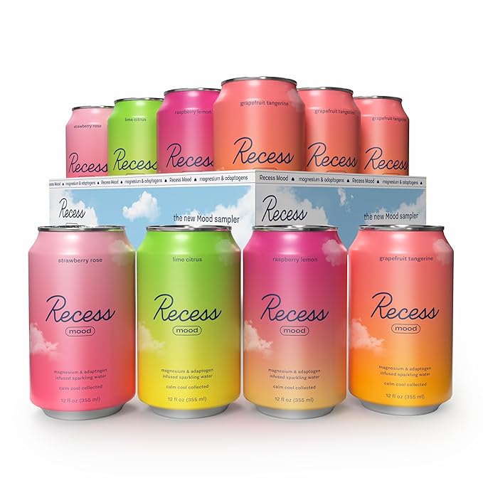 Recess Mood Magnesium & Adaptogen Drink, Relaxation Beverage, 12 ounce (Variety Pack, 12 pack)