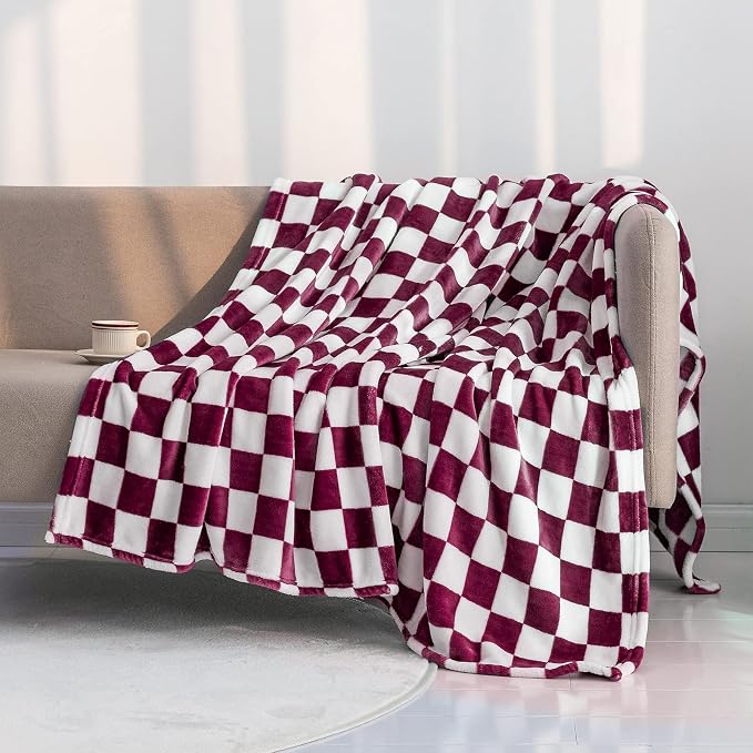 LOMAO Throw Blankets Flannel Blanket with Checkerboard Grid Pattern Soft Throw Blanket for Couch, Bed, Sofa Luxurious Warm and Cozy for All Seasons (Burgundy, 40"x60")