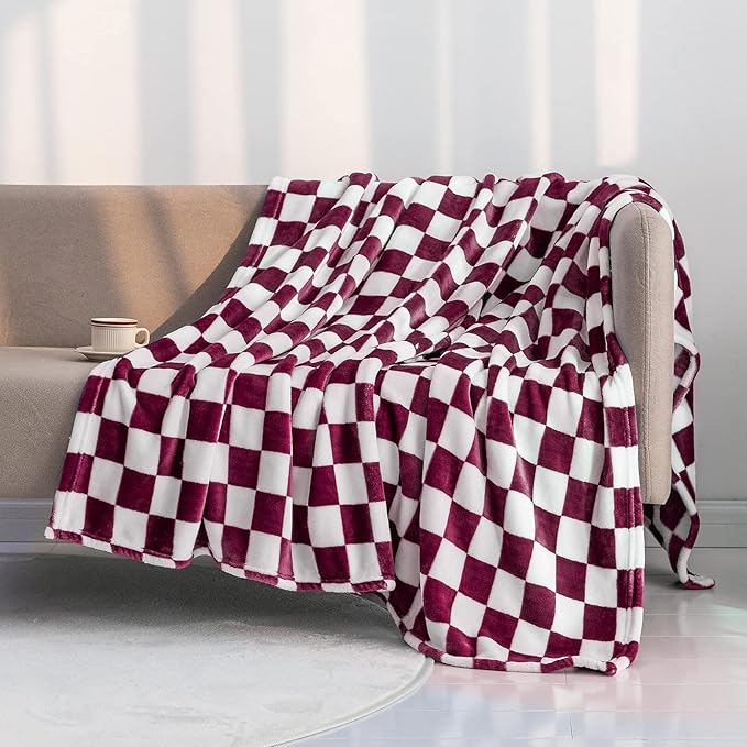 LOMAO Throw Blankets Flannel Blanket with Checkerboard Grid Pattern Soft Throw Blanket for Couch, Bed, Sofa Luxurious Warm and Cozy for All Seasons (Burgundy, 50"x60")