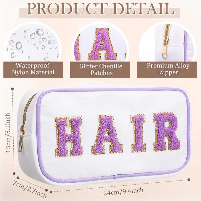 Preppy Makeup Bags Chenille Letter Stuff Bag Nylon Cosmetic Pouch Cases with Zipper for Women Travel Toiletry(White Set,Novel,4 Pcs)