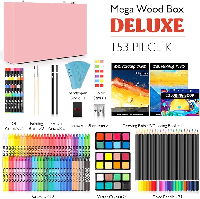 Caliart Art Supplies, 153-Pack Deluxe Wooden Art Set Crafts Drawing Painting Coloring Supplies Kit with 2 A4 Sketch Pads, Halloween Creative Gift Box for Adults Artist Beginners