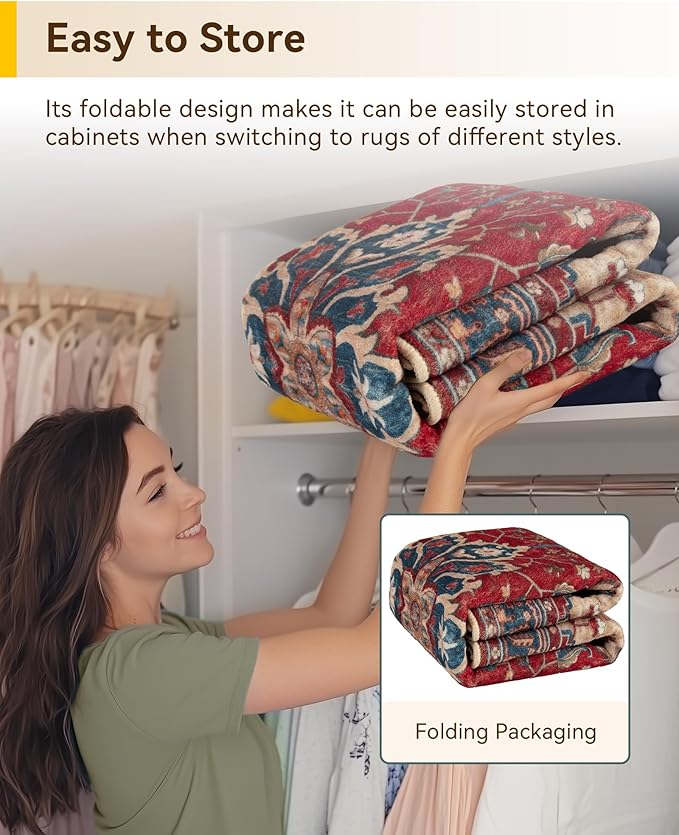 RELEANY Area Rugs 8'x10' Washable Non-Slip, Floral Vintage Distress Medallion Carpet for Living Room Bedroom Dining Room, Red Blue