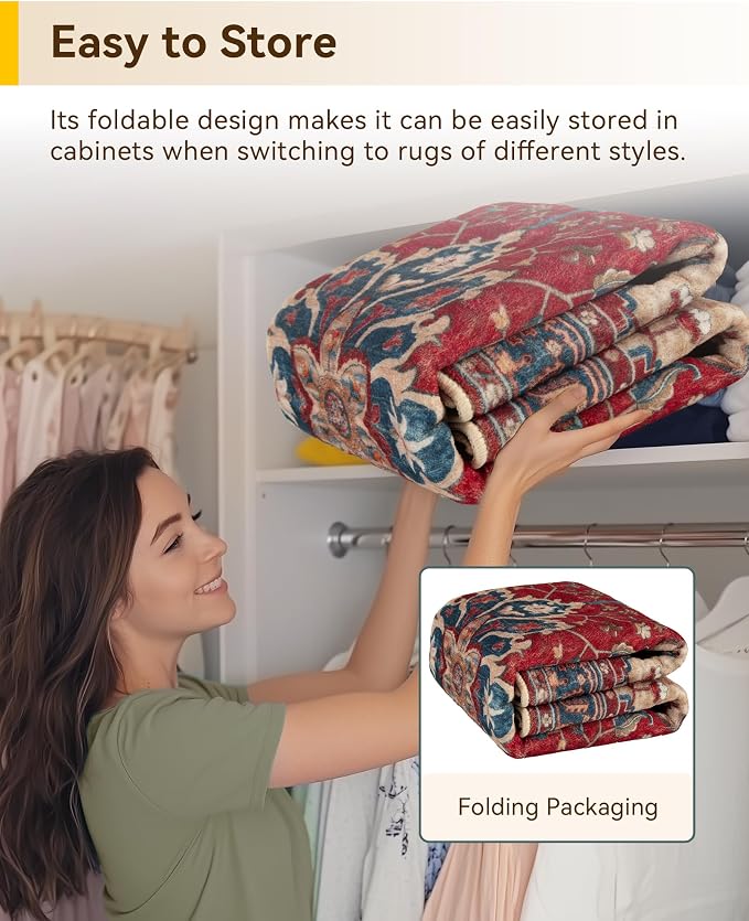 RELEANY Area Rugs Runner 2'6"x8' Washable Non-Slip, Floral Vintage Distress Medallion Carpet for Kitchen Hallway Bedroom Beside Laundry Room Bathroom, Red Blue