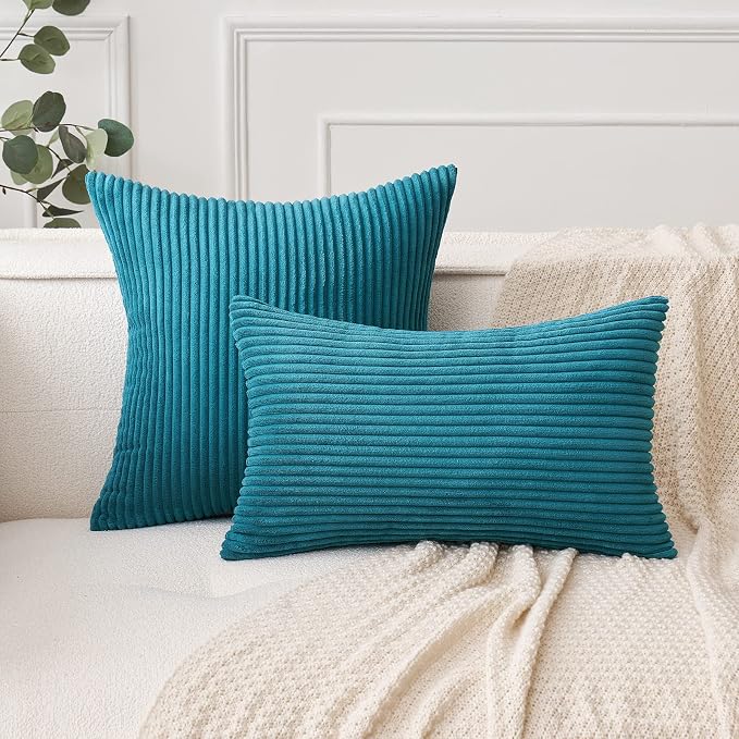 MIULEE Decorative Corduroy Throw Pillow Covers Set of 2 18x18 Teal | Soft Striped Textured Cushion Cases, Boho Coastal Square Pillowcases for Home Decor, for Couch Chair Sofa Bed Living Room