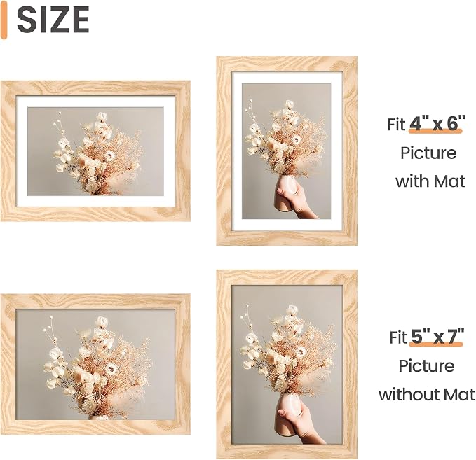 upsimples 5x7 Picture Frame, Display Pictures 4x6 with Mat or 5 x 7 Without, Wall Hanging Photo Frames, Natural Style, 1 Pack