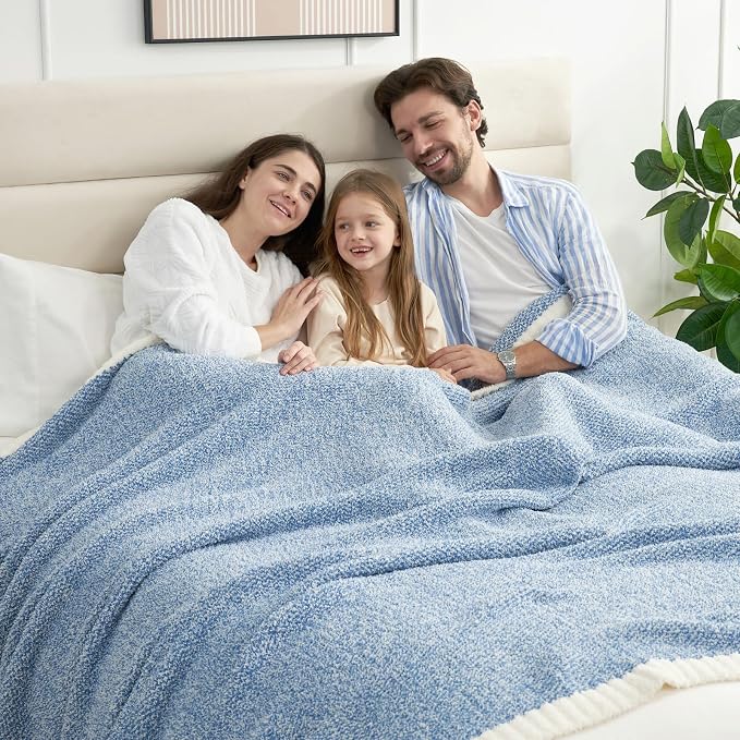 Snuggle Sac Queen Size Bed Blanket Heather Blue, Reversible Super Soft Microfiber Blankets Warm Cozy Knit Fuzzy Plush Bed Blankets, Blue, Queen 90x90