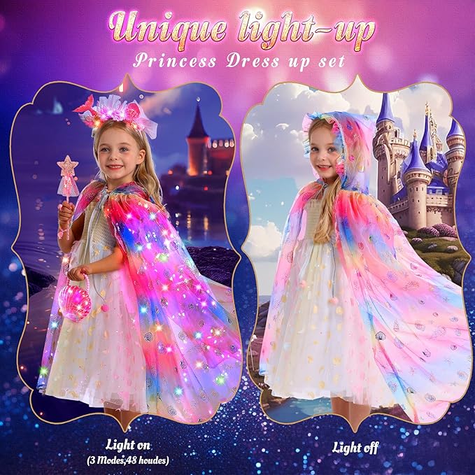 Fedio Mermaid Toys Princess Dress up for Girls,Mermaid Light Up Princess Cape Set,Toddler Dress up Toys Christmas Birthday Halloween Gifts for 3-8 Years Old