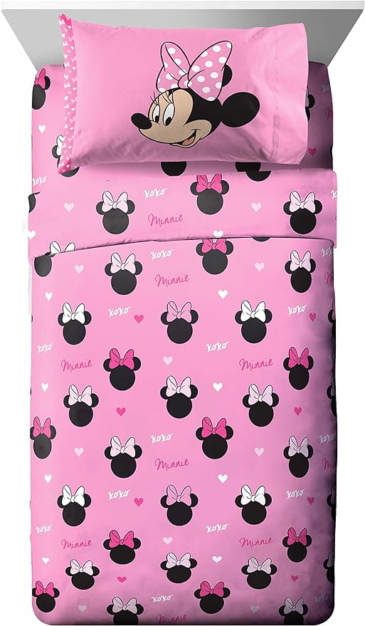 Jay Franco Kids Sheet Set with Fitted, Flat Sheets & Pillow Cover - Ultra-Soft Bedding with Pillowcase for Room Decor, Pink - Minnie Mouse, 4 Piece Full