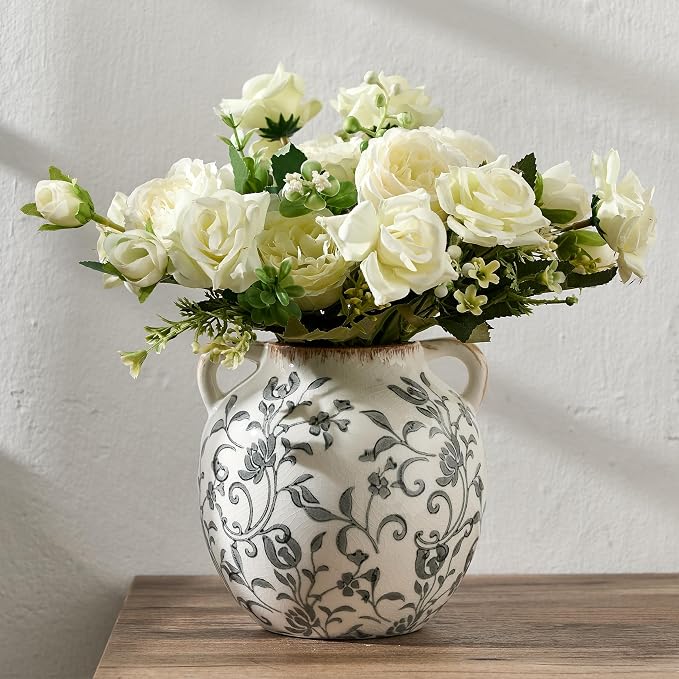 Gray Vintage Antique Vase, 5.6 Inch All Seasons Chinoiserie Floral Vase, Rustic Ceramic Vase for Home Decor, Living Room, Bookshelf, Office, Entryway, Garden, Chinoiserie Decor, Tuscan Decor