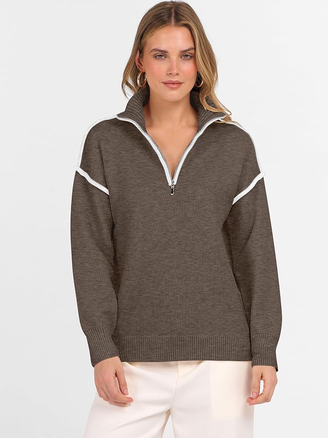 ANRABESS Womens Quarter Zip Sweaters Fall Long Sleeve V Neck Shirts Collared Business Casual Tops Knit Pullover Sweatshirts