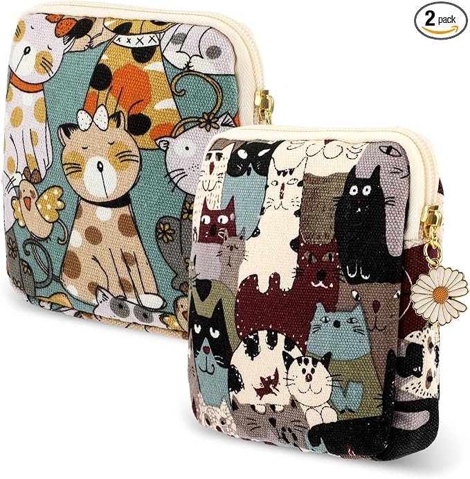 cobee 2PCS Sanitary Pad Storage Bag, Cute Sanitary Napkin Storage Purses Portable Period Bag with Daisy Zipper Panty Liner Tampon Menstrual Cup Nursing Pad Holder Pouch for Girls Women Travel(Cat)