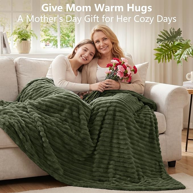 Olive Green Twin Blanket for Bed & Couch, 60 x 80 Inch | 300GSM Ribbed Fleece Blanket, Soft, Cozy & Lightweight, OEKO-TEX Certified, All-Season Use for Travel, Dorm & Home Decor