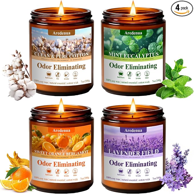 4 Pack Odor Eliminating Candles Set - Eliminates 95% of Pet, Smoke, Food, and Other Smells Quickly - Air Freshing Scent of Lavender/Orange/Mint/Cotton - 28oz Soy Candles for Home Scented, 200 Hours