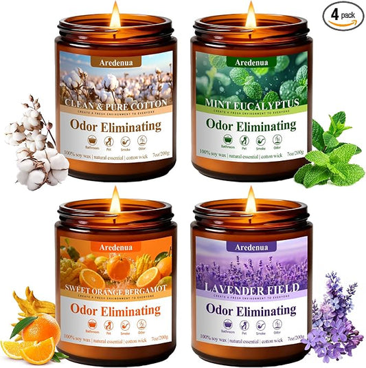 4 Pack Odor Eliminating Candles Set - Eliminates 95% of Pet, Smoke, Food, and Other Smells Quickly - Air Freshing Scent of Lavender/Orange/Mint/Cotton - 28oz Soy Candles for Home Scented, 200 Hours