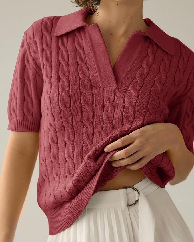 Imily Bela Womens Cable Short Sleeve Sweaters Tops Lapel V Neck Knit Shirt | Solid,Knit Casual,Soft Pullover,Fall Sweaters,Womens Summer Work Tops
