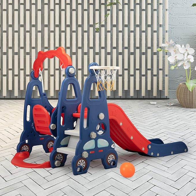4 in 1 Slide Climber Swing Set, Freestanding Toddler Slide Climber Playset with Basketball Hoop, Toddler Playground Indoor Outdoor, Easy Setup (Red)
