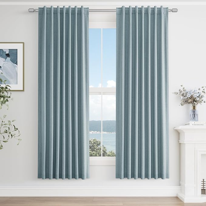 Guken Blue 100% Blackout Linen Curtains 72 Inch Length 2 Panels Set for Living Room Bedroom Back Tab Thermal Insulated Black Out Drapes Room Darkening Window Curtains 72 Inches Long Dusty Blue
