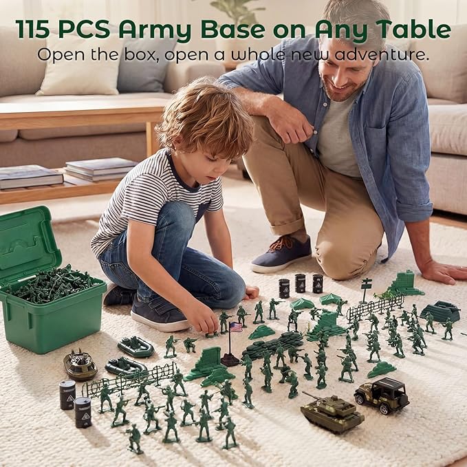LovesTown 115PCS Army Men Playset, Military Soldier Set Army Action Figures Battle Group Military Base Toy with Box Helicopter for Gifts Green