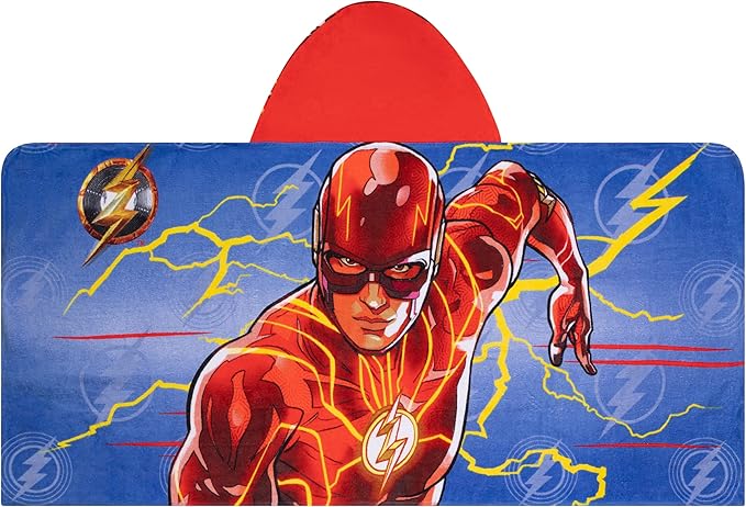 WB The Flash Movie DC Comics Kids Bath/Pool/Beach Soft Cotton Terry Hooded Towel Wrap, 24 in x 50 in, By Franco