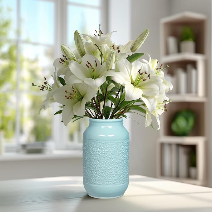 Blue Ceramic Vase for Home Decor - 9 Inch Textured Flower Vase for Table Centerpiece - Modern Decorative Pottery Vases for Flowers, Living Room, Shelf, Mantle Decor