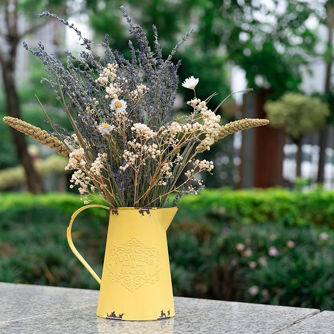 Yellow Metal Flower Vase Vintage Jug Pitcher Shabby Chic Decor Rustic Farmhouse Kitchen Decor for Home