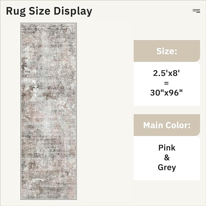 Soalmost Runner Rug 2'6"x8' Kitchen Hallway Runners Abstract Pink/Grey | Washable Non-Slip 2.5x8ft Carpet Entryway Bathroom, Low Pile Vintage Foldable Floor Mat for Corridor Laundry Room Bedroom