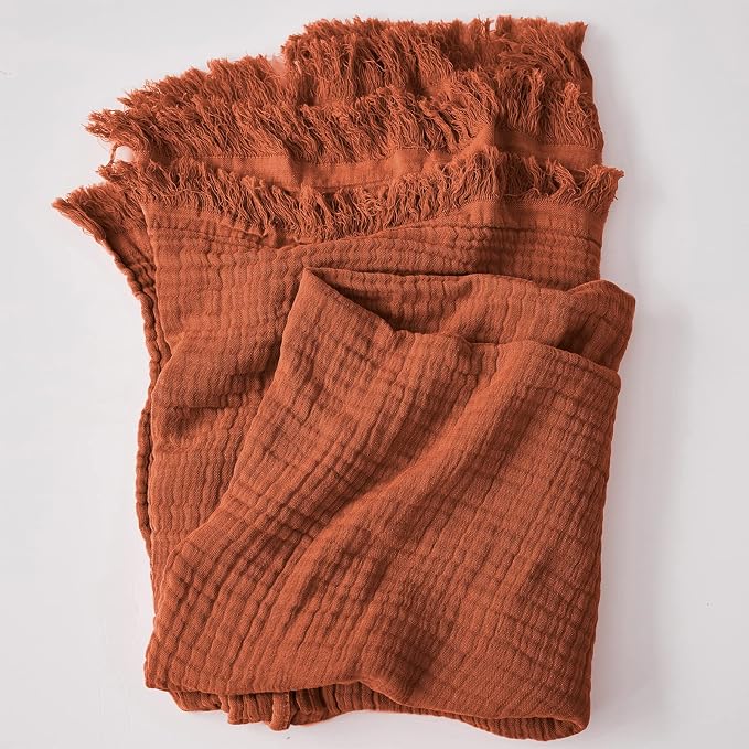 Simple&Opulence Cotton Muslin Throw Blanket for Bed, Couch, Knit Woven Gauze Blanket with Tassels, Soft Lightweight Cozy Pre-Washed Breathable Farmhouse Decoration for All-Season (Rust Orange)