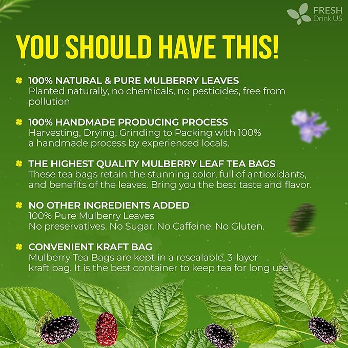 FreshDrinkUS, Premium 50 Mulberry Leaf Tea Bags, 100% Natural & Pure from Mulberry Leaves. Herbal Tea. Made with Natural Material Tea Bags. No Sugar, No Caffeine, No Gluten, Vegan.