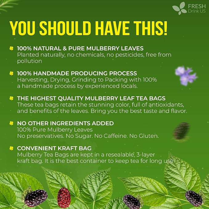 FreshDrinkUS, Premium 120 Mulberry Leaf Tea Bags, 100% Natural & Pure from Mulberry Leaves. Loose Leaf Herbal Tea. Made with Natural Material Tea Bags. No Sugar, No Caffeine, No Gluten, Vegan.