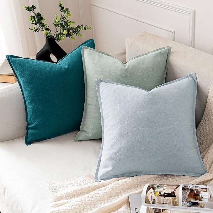 MIULEE Decorative Linen Pillow Covers 20x20 Inch Teal Blue | Boho Farmhouse Neutral Couch Throw Pillows for Bed, Pack of 2 Accent Modern Pillowcases, Sofa Livingroom Home Decor