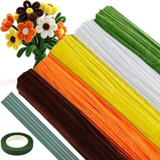 ASTARON 521 Pcs Pipe Cleaners Craft Set, 5 Colors Pipe Cleaners Bulk Pastel Chenille Stems for Craft Pipe Cleaner Flowers Making Kit with Floral Wires, Gardening Tape(Orange Yellow Brown)