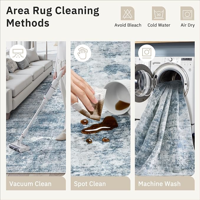 Soalmost Abstract Rug 8x10 Large Living Room Area Rugs Washable Blue/Grey | Modern Non-Slip Carpet for Dining Bedroom, Stain Resistant Foldable Thin Low Pile Floor Mat Under Table Home Office Decor