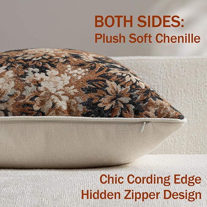 Pack of 2 Vintage Floral Pillow Covers 12x20 Boho Farmhouse Accents Chenille Rectangular Lumbar Decorative Throw Pillow Cases for Living Room Couch Bed Home Decor, Cognac
