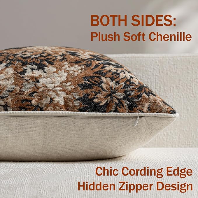 Pack of 2 Vintage Floral Throw Pillow Covers 16x16 Boho Farmhouse Accents Chenille Square Decorative Pillow Cases for Living Room Couch Bed Home Decor, Cognac