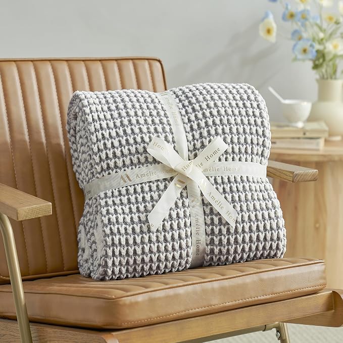 Knit Throw Blanket, Soft Chenille Cozy Breathable Pineapple Chunky Decorative Blanket for Couch, Bed & Sofa, French-Inspired Lightweight Warm Gift for Women, Gray, 50"x60"