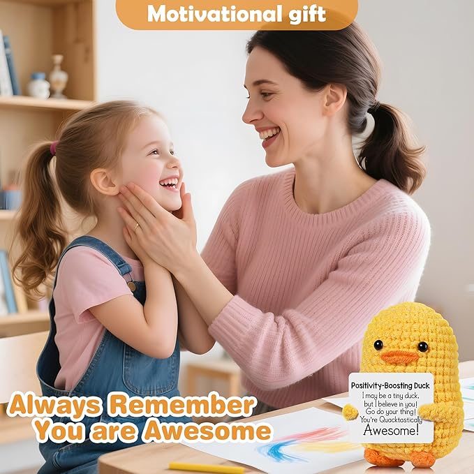 Positive Affirmation Companion Crochet Duck, Inspirational Crochet Animals Stress Anxiety Relief Toys, Handmade Mental Health Gifts for Women Men, Cute Desk Decor for Friends Coworkers Birthday