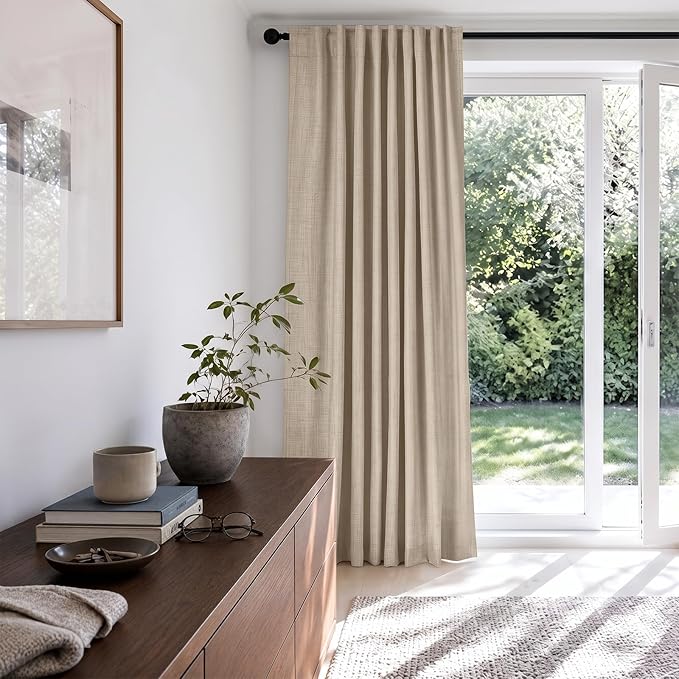100% Blackout Shield Linen Blackout Sliding Door Curtains for Living Room, Back Tab/Rod Pocket Thermal Insulated Curtains for Sliding Glass Doors, 1 Panel Set, 100" W x 90" L, Oatmeal