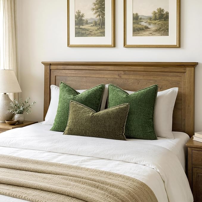 MIULEE Decorative Lumbar Throw Pillow Covers 12x20 Inch Olive Green 2 Pack | Farmhouse Pillow Covers with Stitched Edge, Soft Chenille Cushion Cases, for Couch Sofa Bed Living Room Home Decor