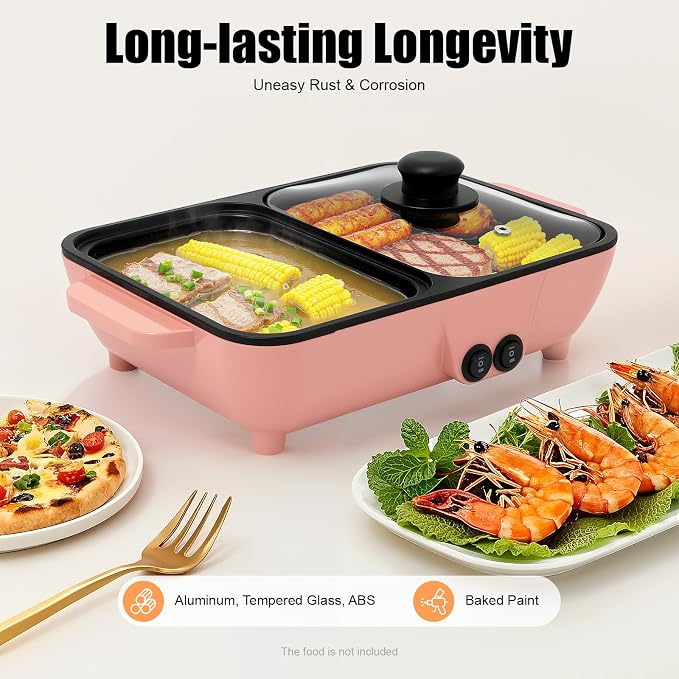 Hot Pot Electric with Grill, 2 in 1 Korean BBQ Grill Smokeless Indoor Grill Non-Stick Electric Pot and Griddle Independent Dual Temperature Control for Boiling & Frying