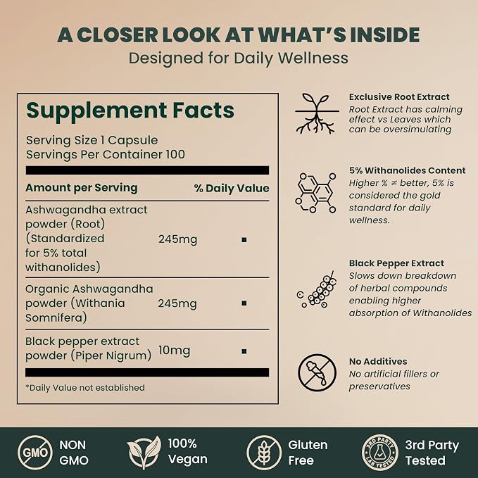 EVARA 5% Ashwagandha Pills 500mg (100 count) - 100 Day Supply | High Potency Ashwagandha Root Extract with Black Pepper & 5% Withanolides | Organic Ashwagandha Powder, Vegan, Gluten Free GMP Certified