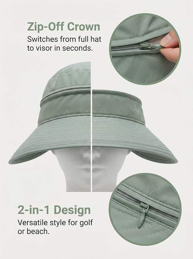 2-in-1 Women’s Sun Visor Sun Hat Zipper Off Ponytail Friendly, Lightweight Quick Dry, Summer UV Protection