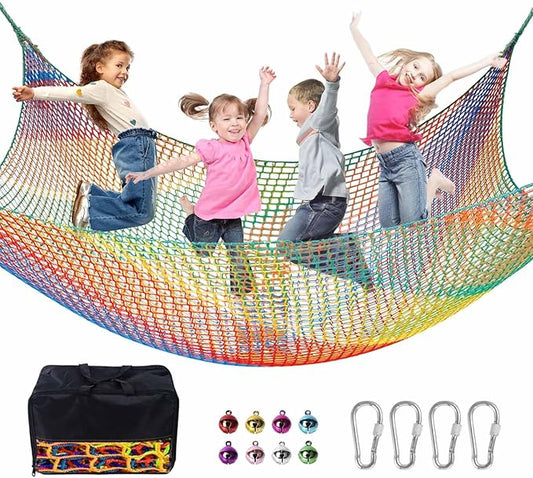Climbing Net for Kids - 3.3FT x 9.9FT Double Layers Heavy Duty Playground Safety Net, Climbing Cargo Net for Tree House Tree Fort, Back Yard, Jungle Gyms, Monkey Bar Security Mesh（Rainbow）