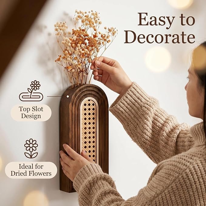 Dnnnii 2 Pack Wooden Wall Vase Set - Dark Brown Finish Hollow Rattan Modern Farmhouse & Boho Wall Decor for Entryway, Hallway, Bathroom, Living Room, Dining Room, Narrow Spaces