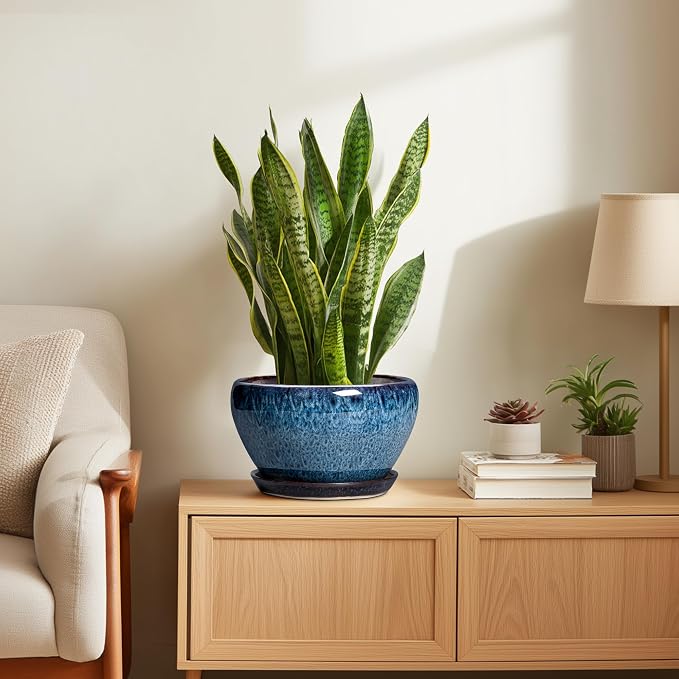 Ceramicfor Ceramic Pots for Plants - 9 Inch Plant Pot Indoor with Drainage Hole and Saucer, Ceramic Planters for Outdoor Plants, Round Modern Flower Pot, Housewarming Gifts, Home Decor, Blue